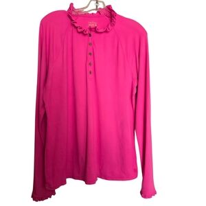 Lilly Pulitzer Hutton Hot Pink  Ruffle Gold Button Polo Shirt